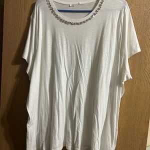 Edge White Short Sleeve Top with Beaded Neckline